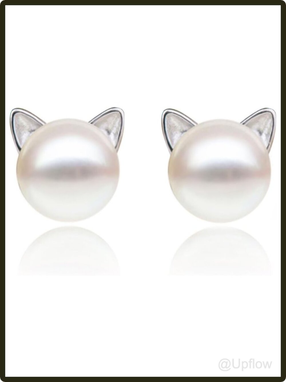 Cat Pearl Stud Earrings Women's Sterling Silver Hypoallergenic Birthday Gift